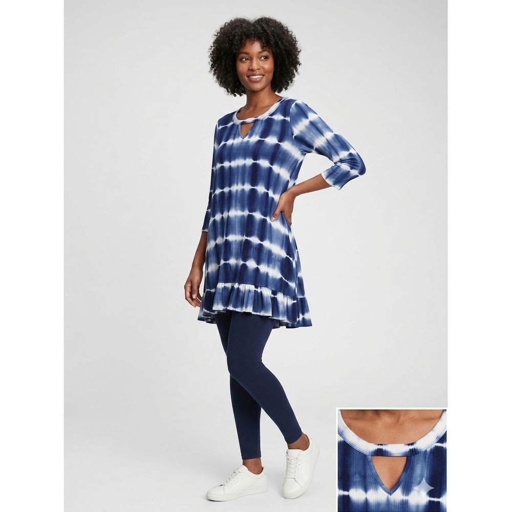 Bobbi Brooke Blue White Tie Dye Ruffle Hem Tunic Top Keyhole Neck 3/4 Sleeve